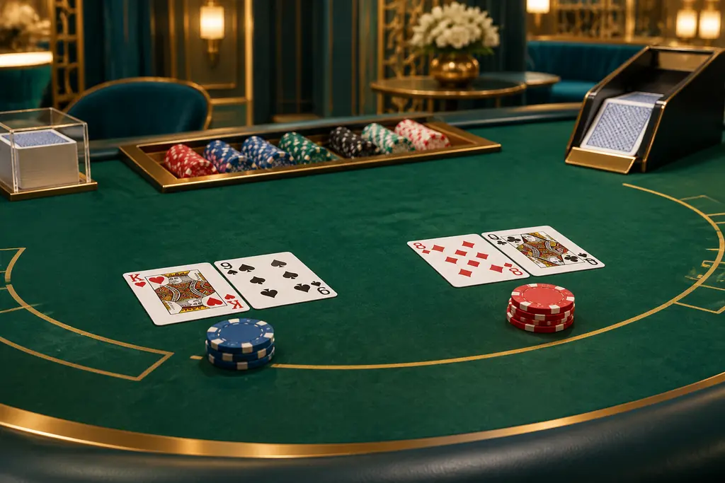 Kartu dan chip pada meja baccarat