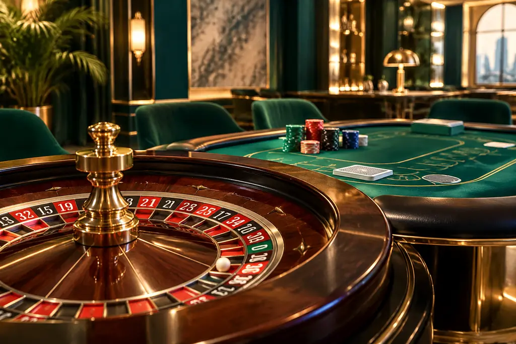 Meja roulette dan kartu di ruang kasino dengan pencahayaan hangat