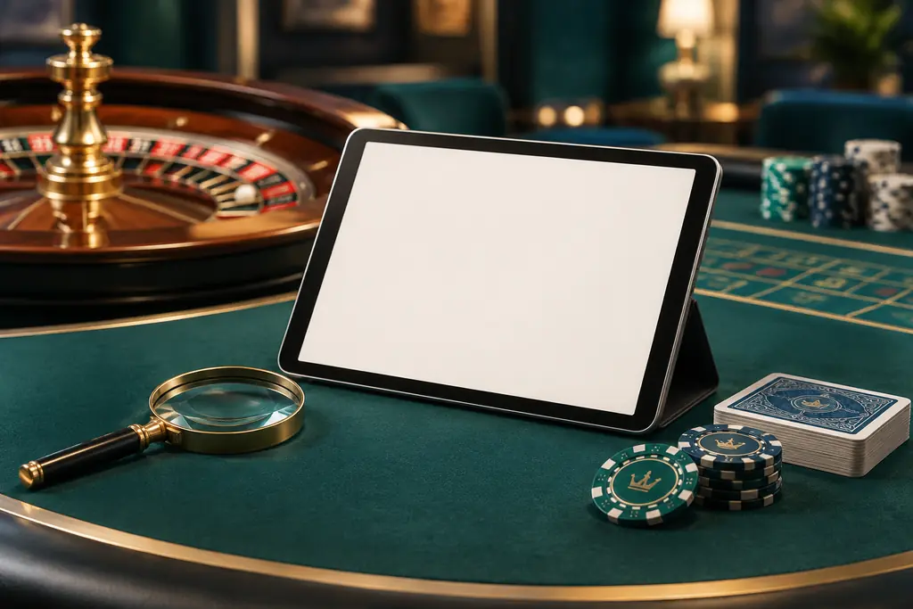 Tablet dengan halaman kosong dan perlengkapan meja kasino
