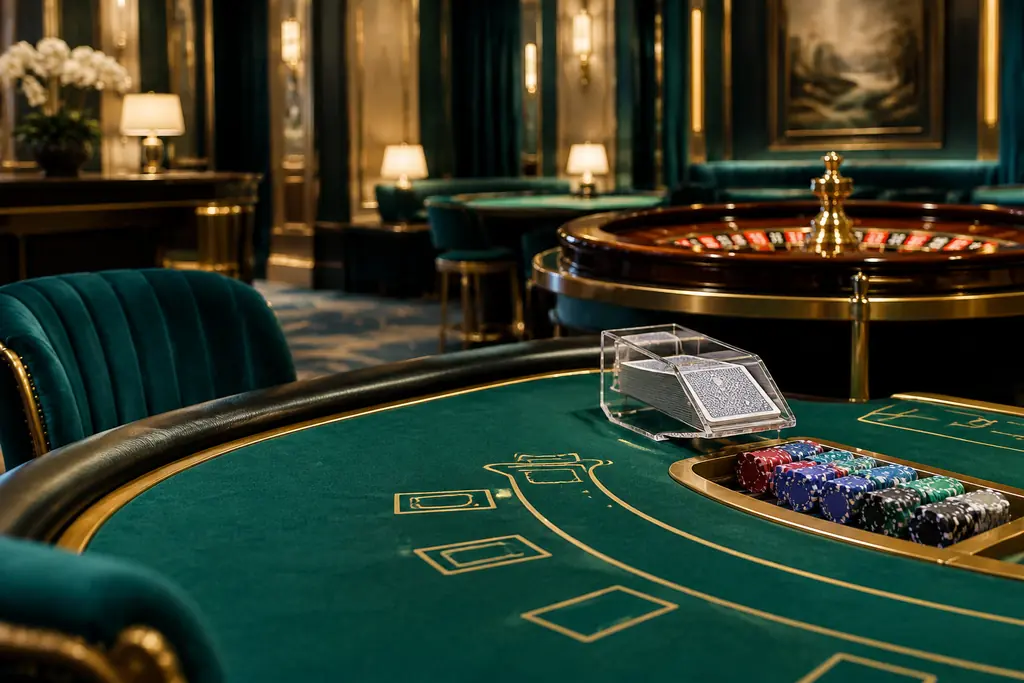 Meja kartu dan roda roulette dalam ruang kasino