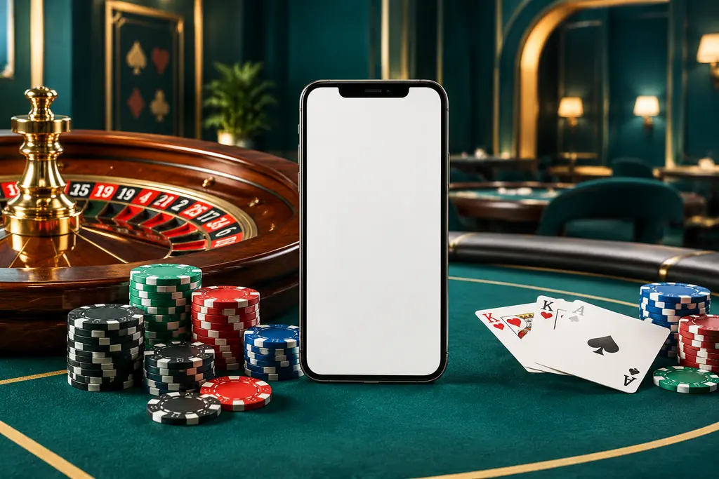 Ponsel dan chip di dekat roda roulette
