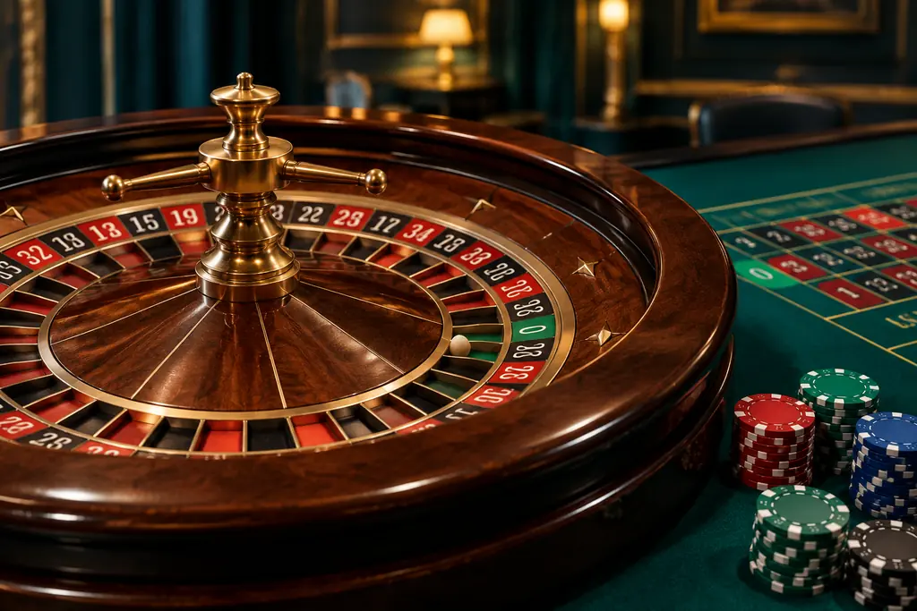 Roda roulette dan chip pada meja kasino