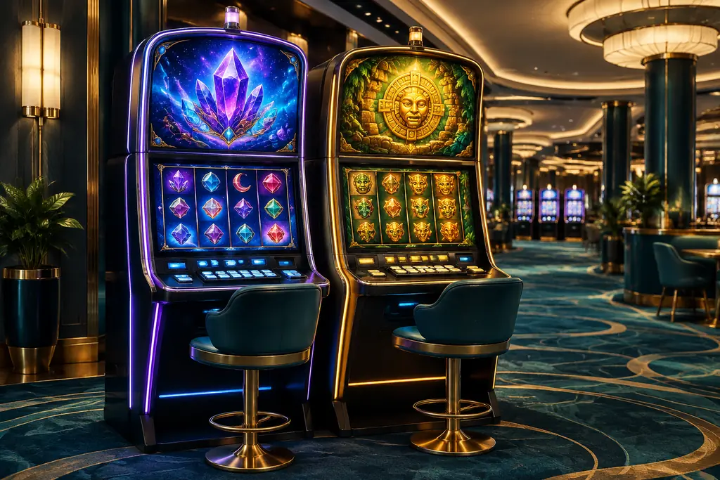 Dua kabinet slot dengan tema permata dan petualangan