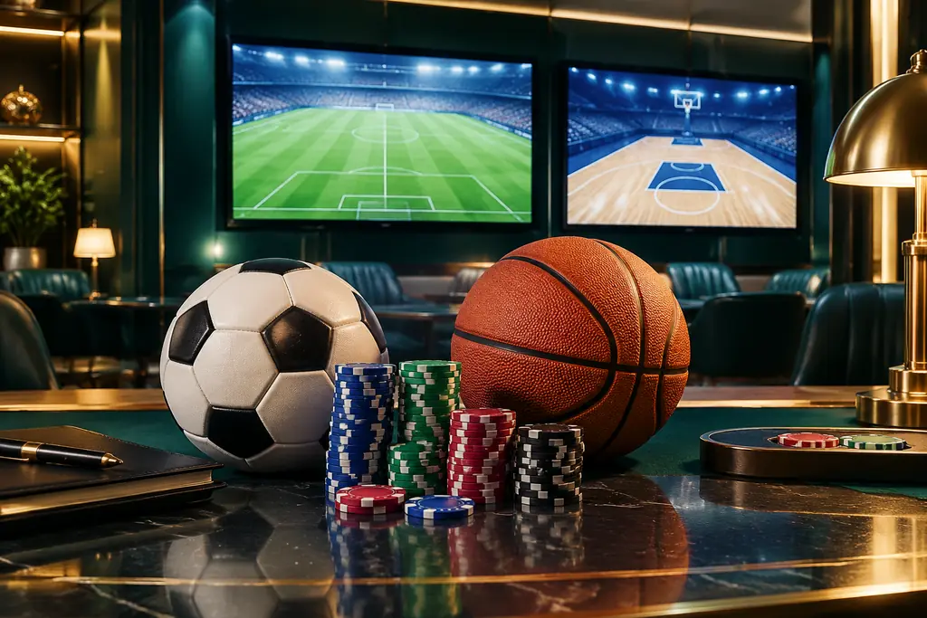 Ruang sportsbook dengan layar sepak bola dan bola basket